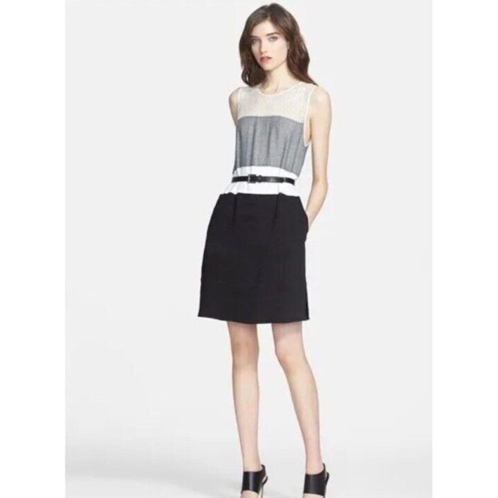 L'Agence Colorblock Mesh‎ Shift Dress Sz 4 Black White Linen Silk Mesh